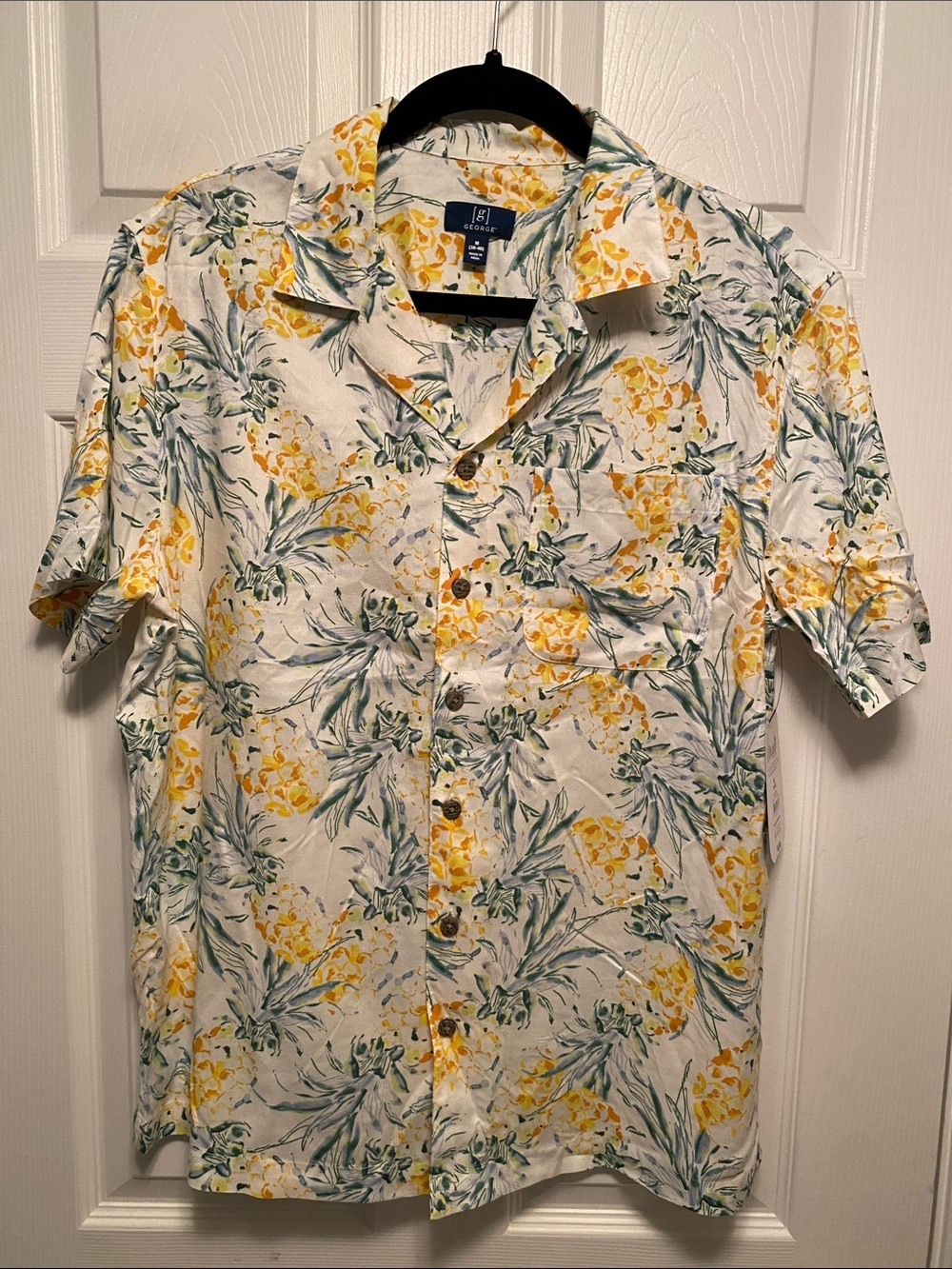 George White Short-Sleeve Button-Down Shirt with Pineapple Print…
